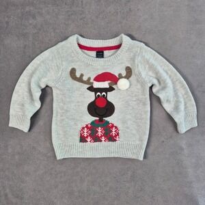 George Baby 6-12M Reindeer Christmas Sweater Gray Red Holiday Knit Pullover